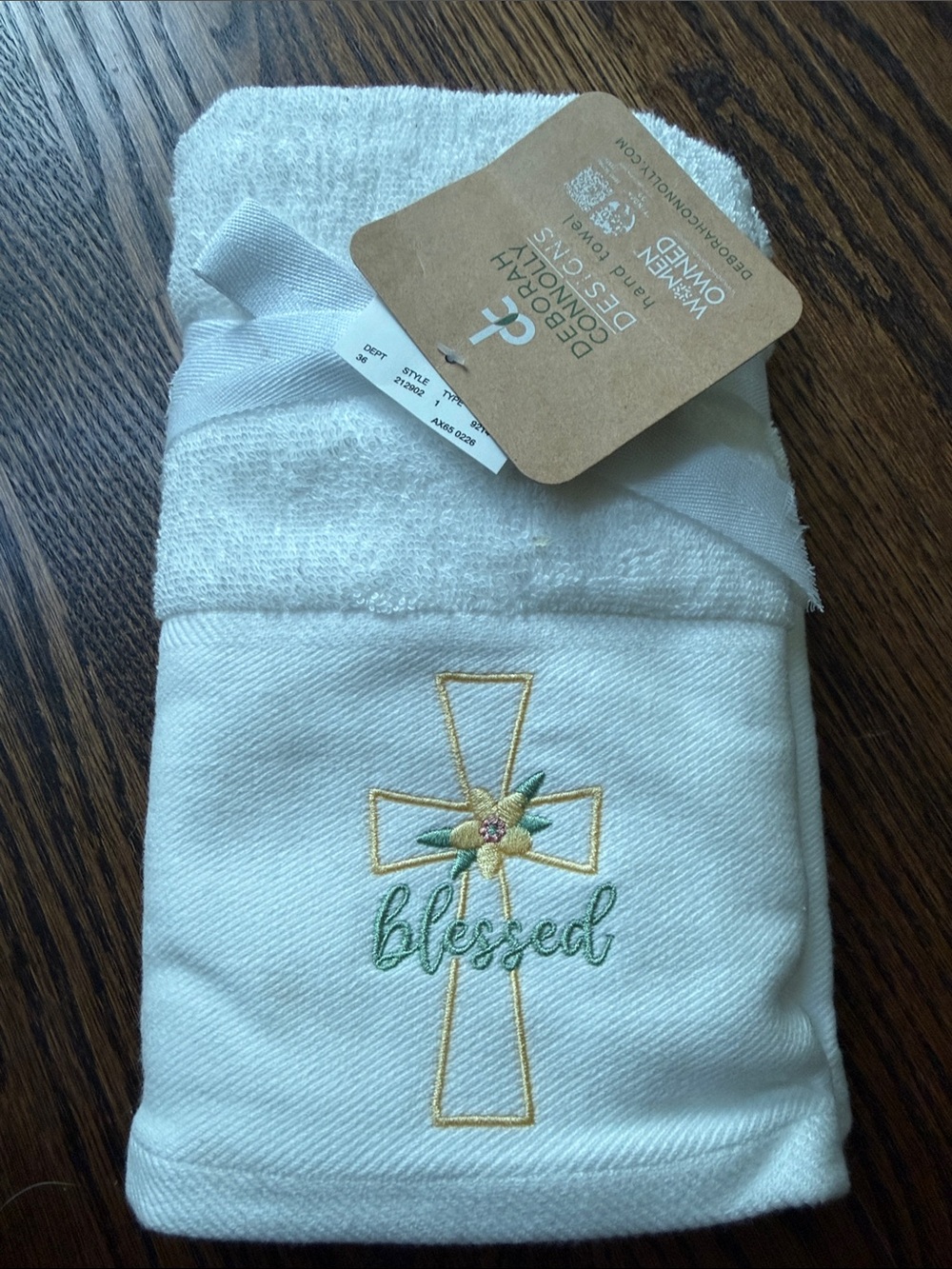 "Blessed" White Embroidered Hand Towel Deborah Connolly designs